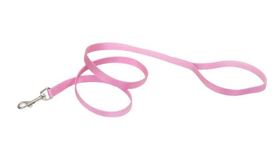 Pink nylon leash coiled showing metal clasp and loop handle