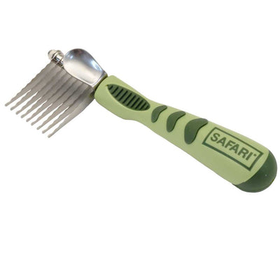 Green Safari dog de-matting comb with a silver blade and ten teeth, angled to the left.