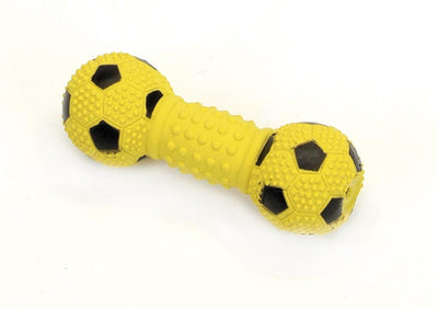 Yellow latex dog toy shaped like a dumbbell with soccer ball ends, on a white background.