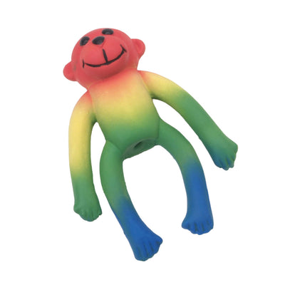 Latex monkey squeaker toy with a red face and rainbow gradient limbs