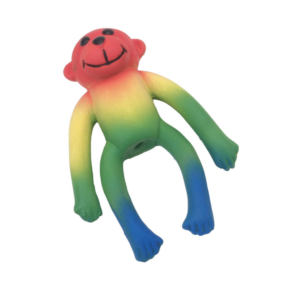 Latex monkey squeaker toy with a red face and rainbow gradient limbs