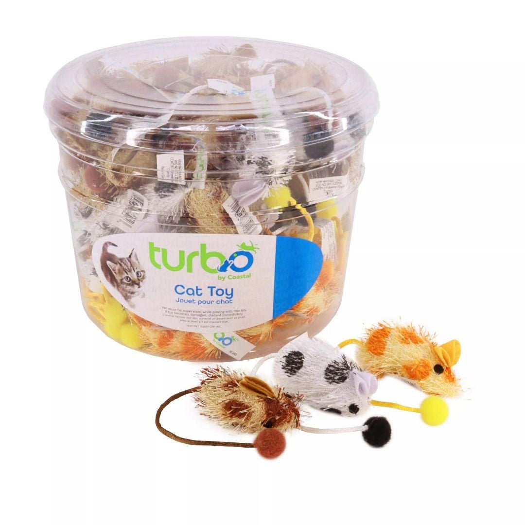 Coastal Turbo Bulk Cat Toy Bins, Spotted Mice, 6.75" (72 Pieces) - Pets Perfect
