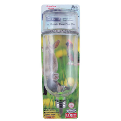 Packaged Lixit 26oz glass water bottle for small animals, with a rabbit and parrot visible through the clear bottle.