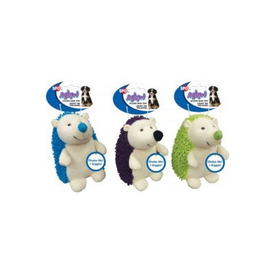 Three plush hedgehog dog toys in blue, purple, and green, each with a Shake Me! I Giggle! tag.