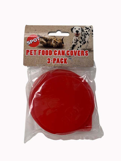 Red pet food can covers, 3-pack, in clear plastic packaging with a cardboard header featuring a cat and a Dalmatian.