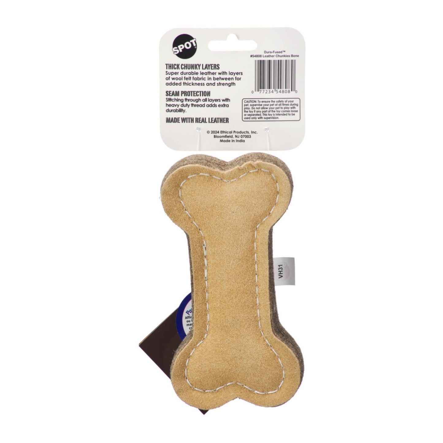 Spot Dura-fuse Leather Chunky Dog Toy Bone, 6 in, view 3
