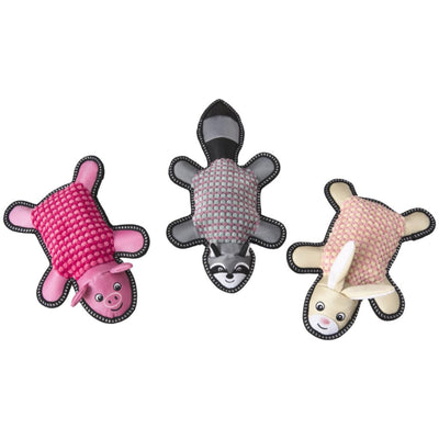 Three flat, squeaky dog toys shaped like a pink pig, gray raccoon, and tan bunny with textured bodies.