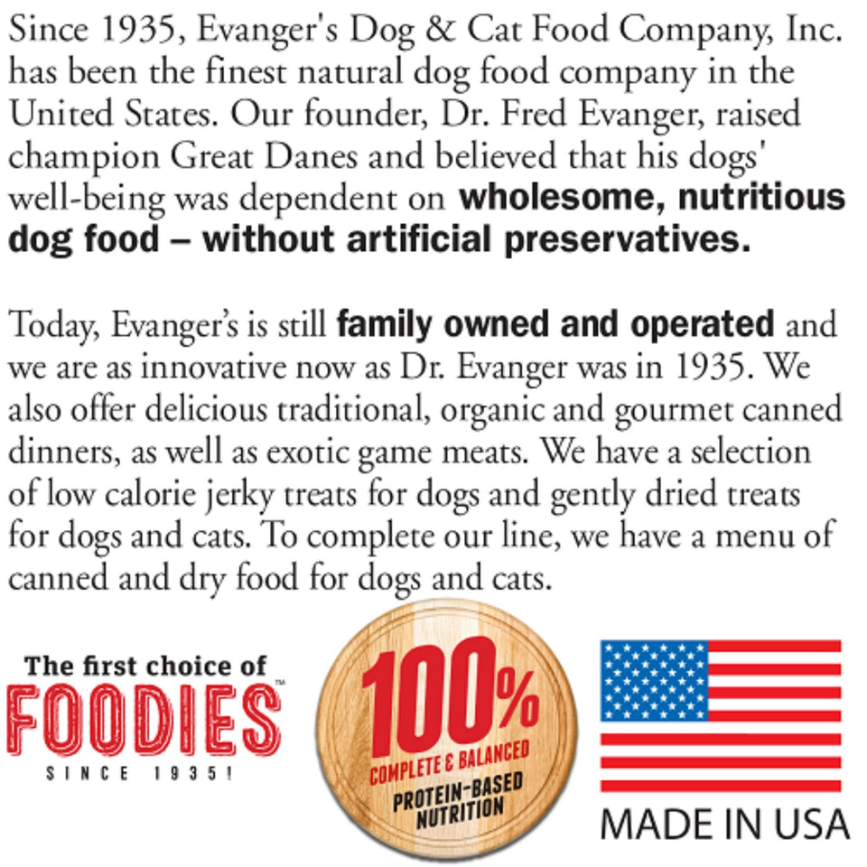 Brand story text about Evanger's since 1935 with Foodies and USA seals