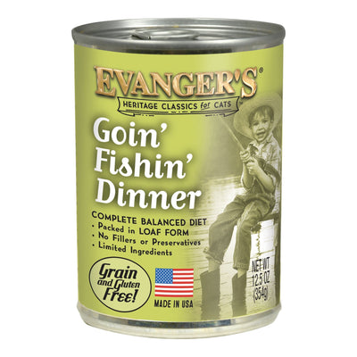 Goin' Fishin' Dinner cat food can label with boy fishing on dock