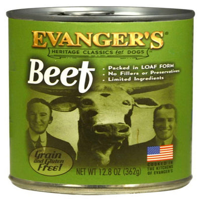 Green can of Evanger's Heritage Classics Beef wet dog food with a cow and two men, labeled "Grain and Gluten Free!