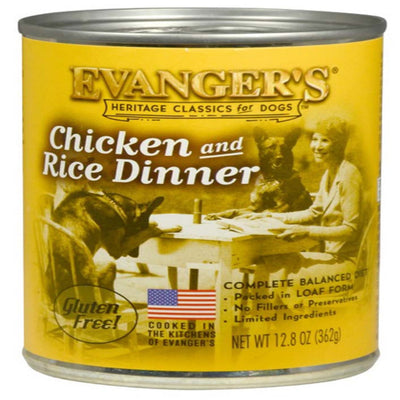Chicken and Rice Dinner can label, yellow design with sepia dog and woman at table