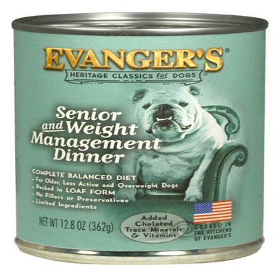 Senior and Weight Management Dinner can label showing a bulldog in an armchair