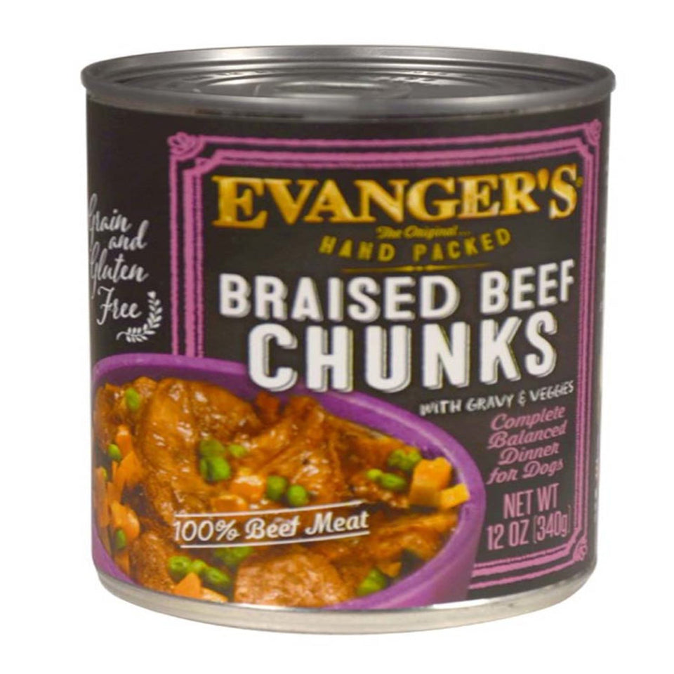 Evanger's Hand Packed Wet Dog Food Braised Beef Chunks with Gravy, 12 oz each, Case of 12