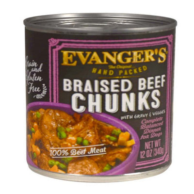 Evanger's Hand Packed Wet Dog Food Braised Beef Chunks with Gravy, 12 oz each, Case of 12