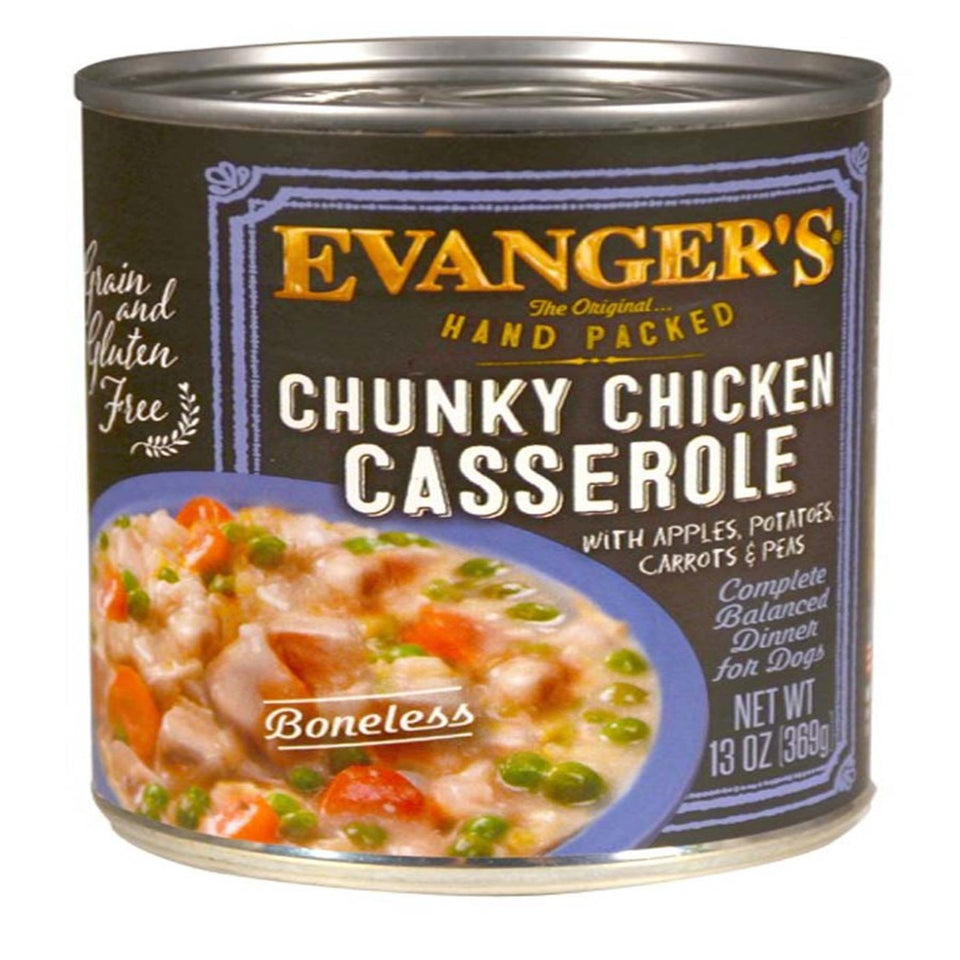 Evanger's Chunky Chicken Casserole can showing bowl photo with chicken, carrots and peas