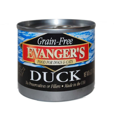Evanger's Grain-Free Duck can with blue water-pattern label and black diamond logo