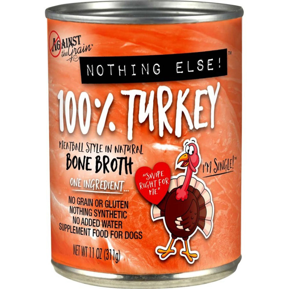 Can label showing 100% Turkey wet dog food with cartoon turkey