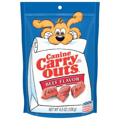 Beef flavor treat bag, 4.5 oz size, with meaty chunks and dog mascot