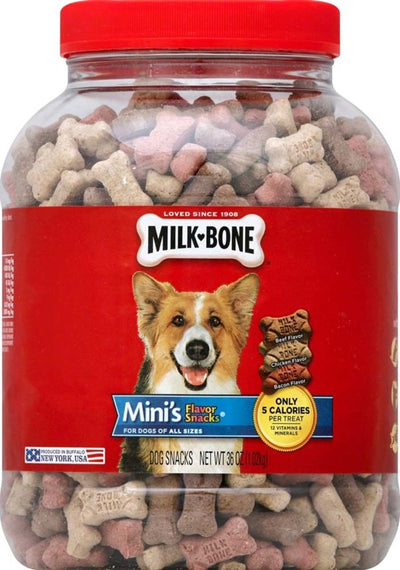 Milk-Bone Mini's Flavor Snacks tub filled with bone-shaped treats, dog on label