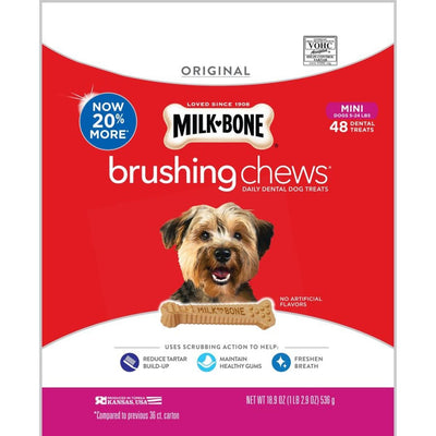 Milk-Bone Brushing Chews bag front with dental bone and small dog pictured