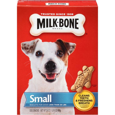 Milk-Bone box front with dog and Small dental biscuits shown at actual size
