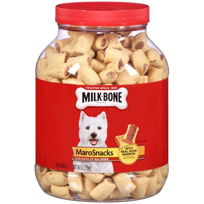 Milk-Bone MaroSnacks jar filled with bone-marrow treats, white terrier on label