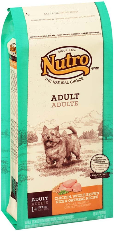 Nutro Natural Choice Adult Dry Dog Food, Chicken & Brown Rice, 5lb bag, with a terrier illustration and chicken pieces.