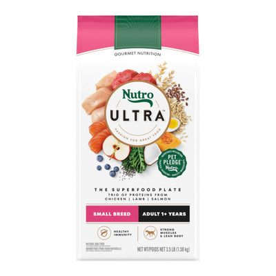 Front of a Nutro Ultra Small Breed Adult dog food bag, featuring raw chicken, lamb, salmon, and superfood ingredients.
