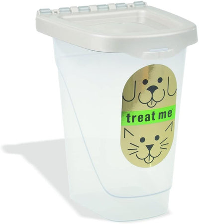 Clear pet treat container with a white lid and a gold label featuring a dog and cat, saying "treat me.