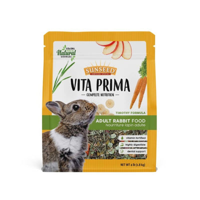 Yellow pouch of Sun Seed Vita Prima Adult Rabbit Food with a baby rabbit, carrots, apple slices, and banana chips.
