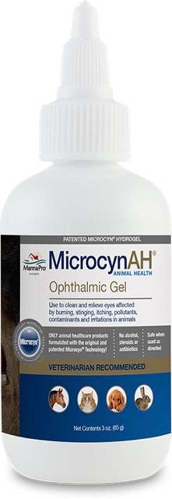 White dropper bottle of ophthalmic gel with horse, cat, dog and rabbit icons