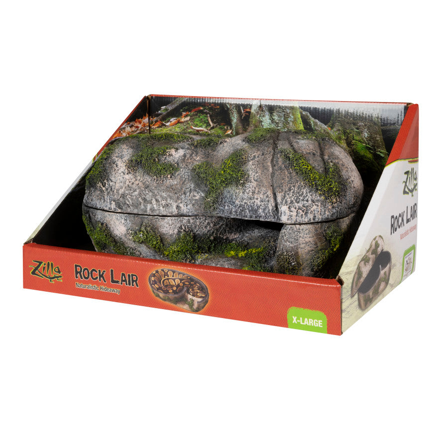 X-Large Zilla Rock Lair, a mossy gray rock hideaway for reptiles, is shown in its red and green packaging.