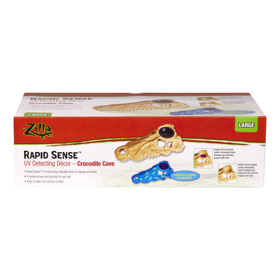 Boxed Zilla Rapid Sense Large Crocodile Skull decor, showing the product and its UV-detecting feature.