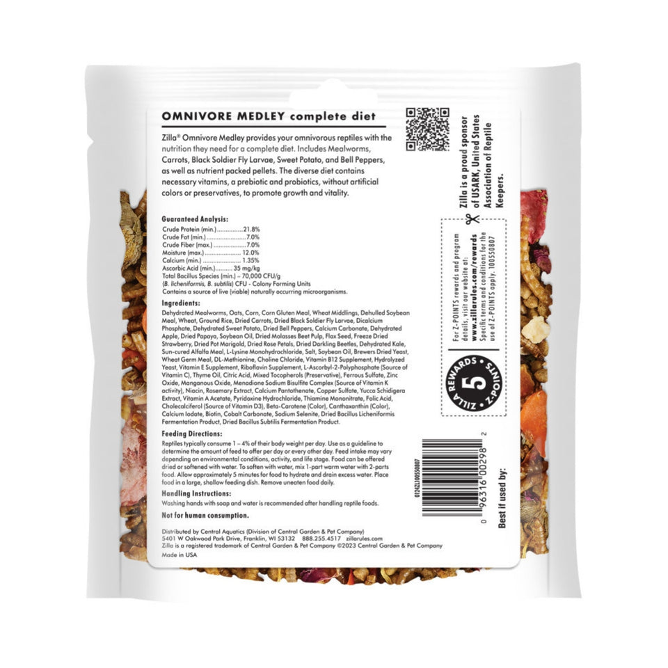 White pouch of Zilla Omnivore Medley reptile food, with ingredients and nutritional info visible.
