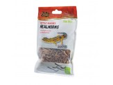 Clear plastic bag of Zilla Reptile Munchies Mealworms, showing dried mealworms and a leopard gecko on the label.