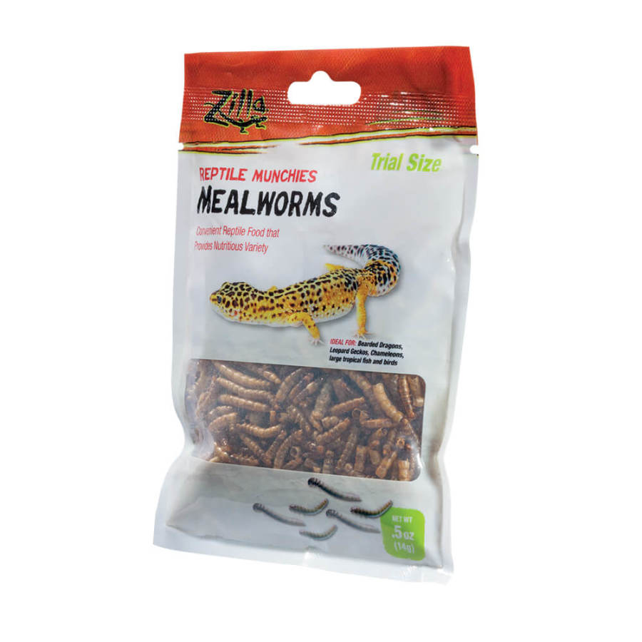 Zilla Reptile Munchies Mealworms in a trial-size bag with a leopard gecko graphic and visible mealworms.