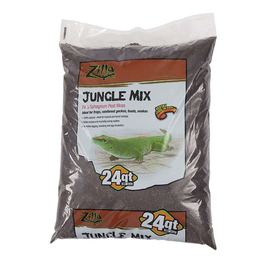 Zilla Jungle Mix 24 qt bag of dark brown substrate with a green gecko on the label.