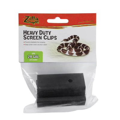 Zilla Heavy-Duty Screen Clips for 29-gallon tanks, packaged with a snake graphic and visible black clips.