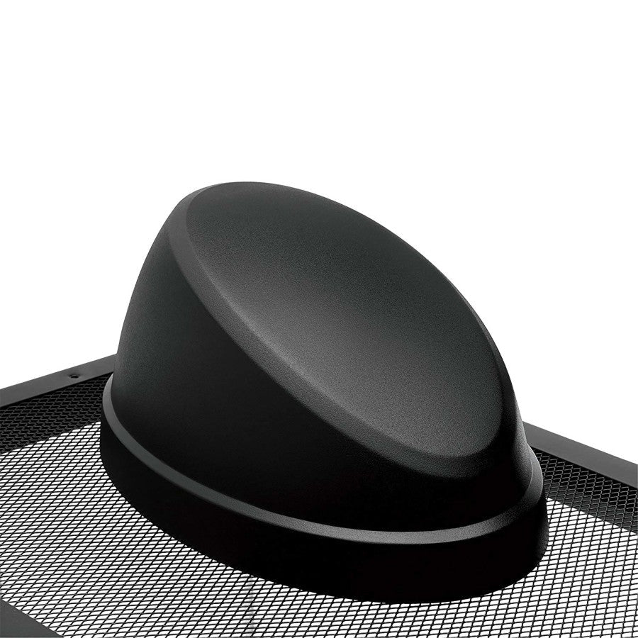 Black, dome-shaped basking fixture with an angled top sits on a black mesh surface.