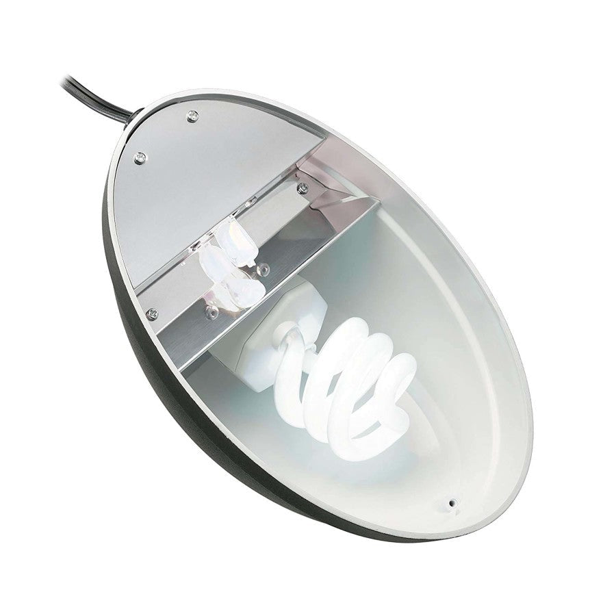 Zilla Heat UVB Basking Fixture with a white spiral bulb, angled view showing the black exterior and silver interior.