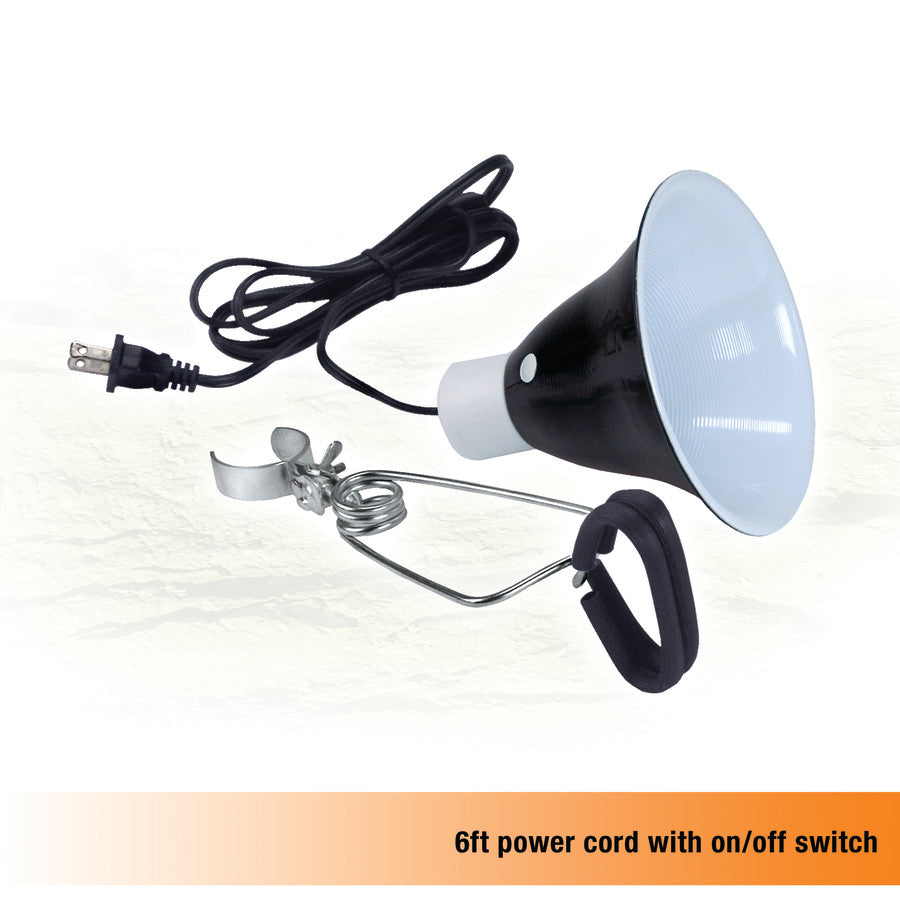 Black and white clamp lamp with a 6ft power cord and an on/off switch, shown from an overhead angle.