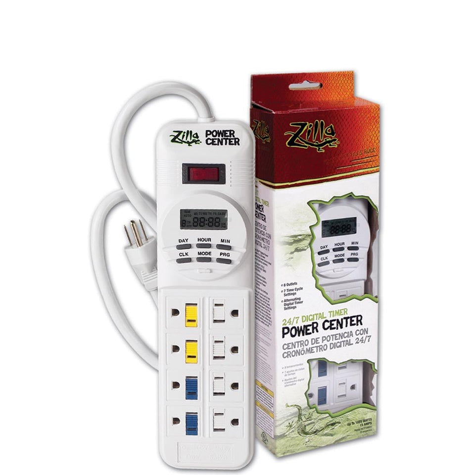 White Zilla power strip with 8 outlets and a digital timer, next to its red and green retail box.