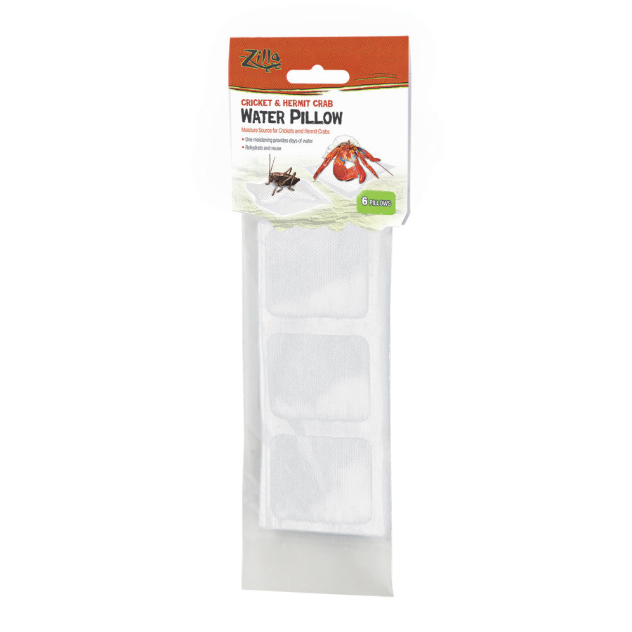 Zilla Water Pillows for crickets and hermit crabs, 6 white square pillows visible in clear plastic packaging.