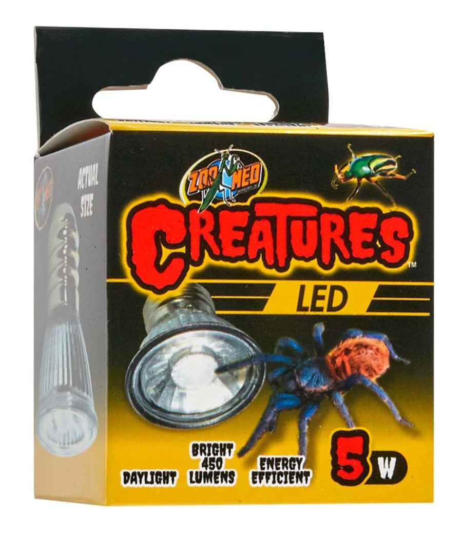 Zoo Med Creatures LED lamp in packaging, showing a blue spider, a beetle, and the bulb.