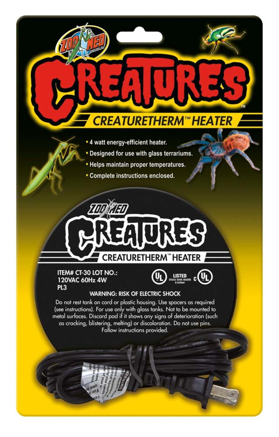 Front view of Zoo Med Creatures Creaturetherm Heater 4W in retail packaging with a praying mantis and tarantula.