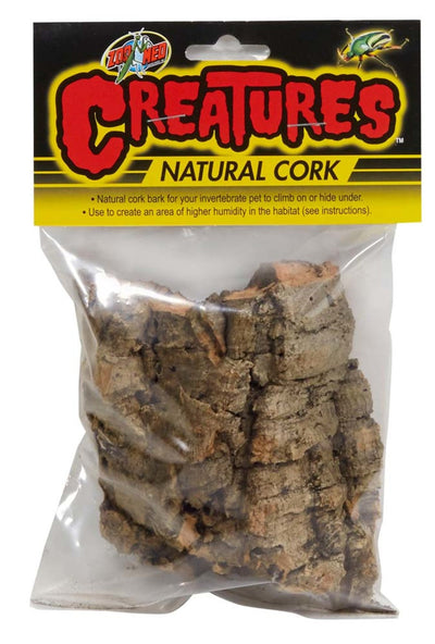 Bagged natural cork bark for invertebrate pets, with a yellow and black label featuring "Creatures" in red.