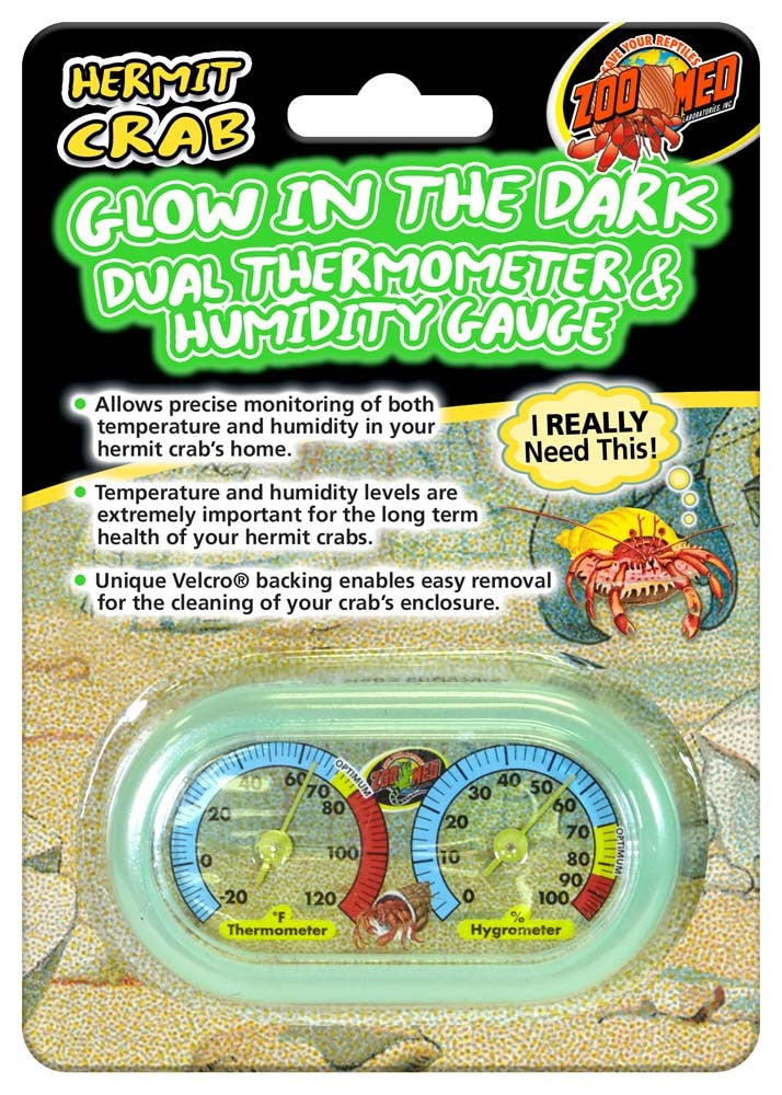 Zoo Med Hermit Crab Dual Thermometer Humidity Gauge Glow in the, Dark