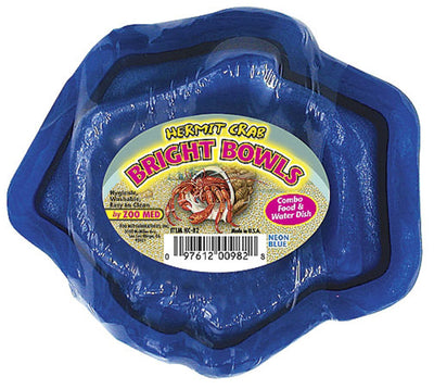 Neon blue hermit crab food and water dish in clear plastic packaging, viewed from above.