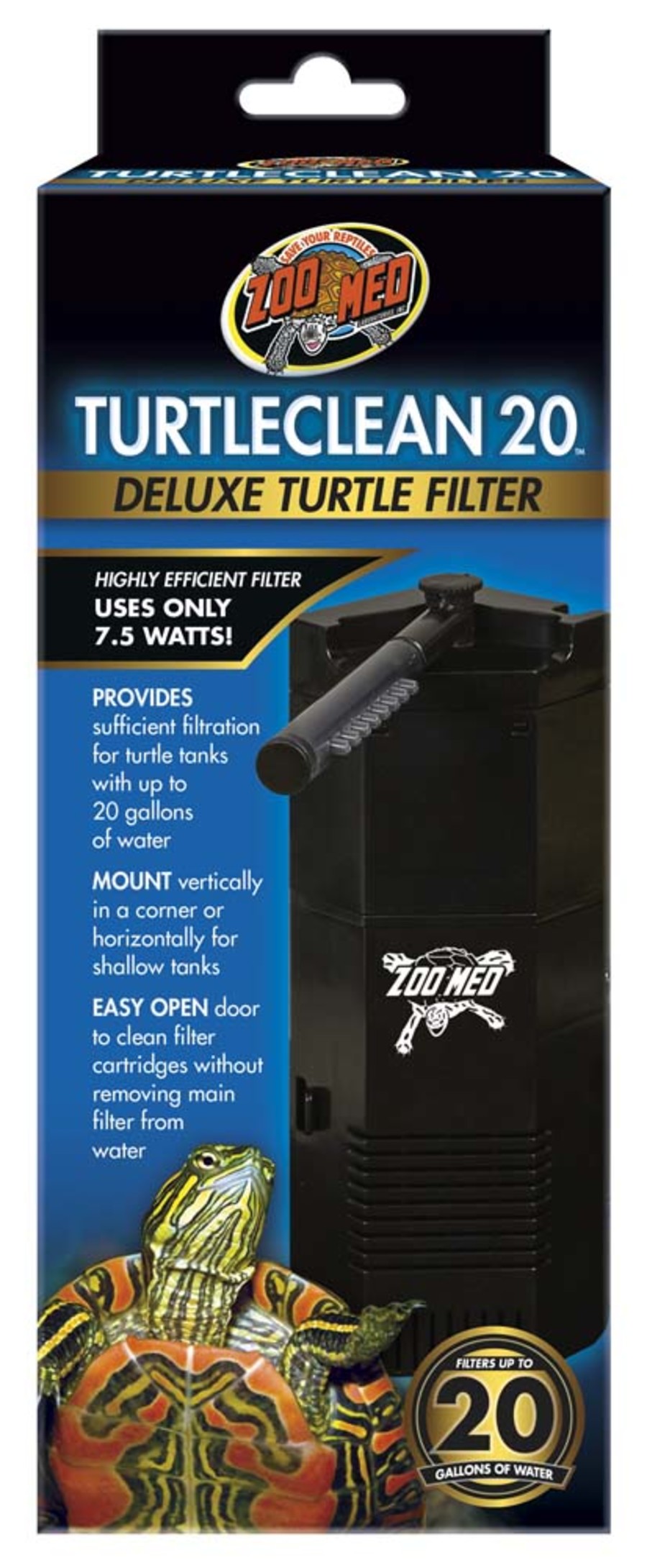 Box for Zoo Med TurtleClean 20 filter with a turtle and the filter visible.