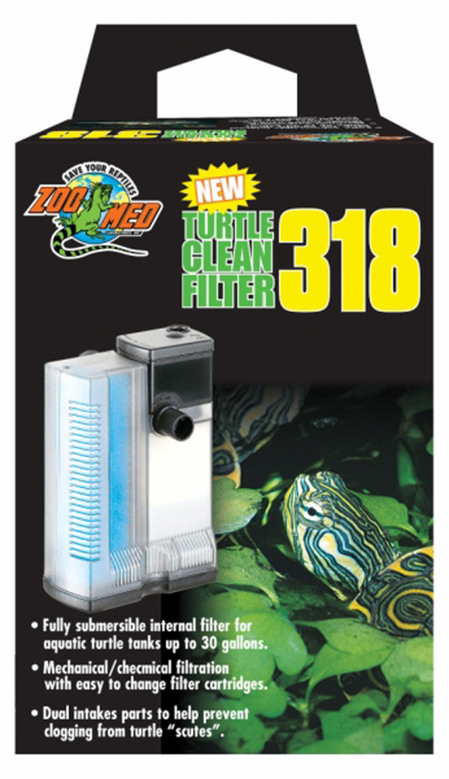 Black box for Zoo Med Turtle Clean 318 filter, showing the filter, a turtle, and product features.